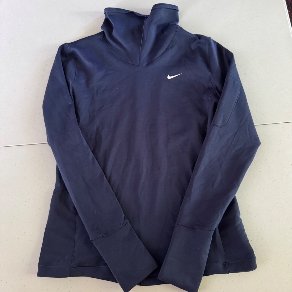 Nike‎ Pro Therma-FIT Women Medium Navy Blue Mock Neck Thumbhole Running Top
